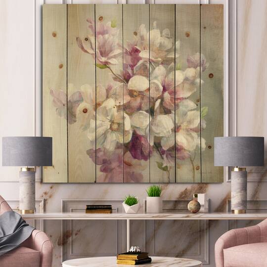Designart - Pink Magnolia Flowers - Shabby Chic Print on Natural Pine Wood